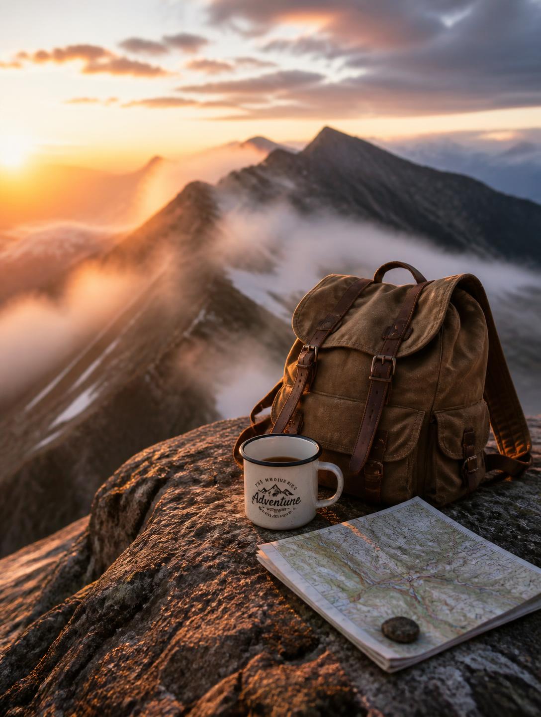 Misty alpine ridge at dawn with a canvas pack and enamel mug